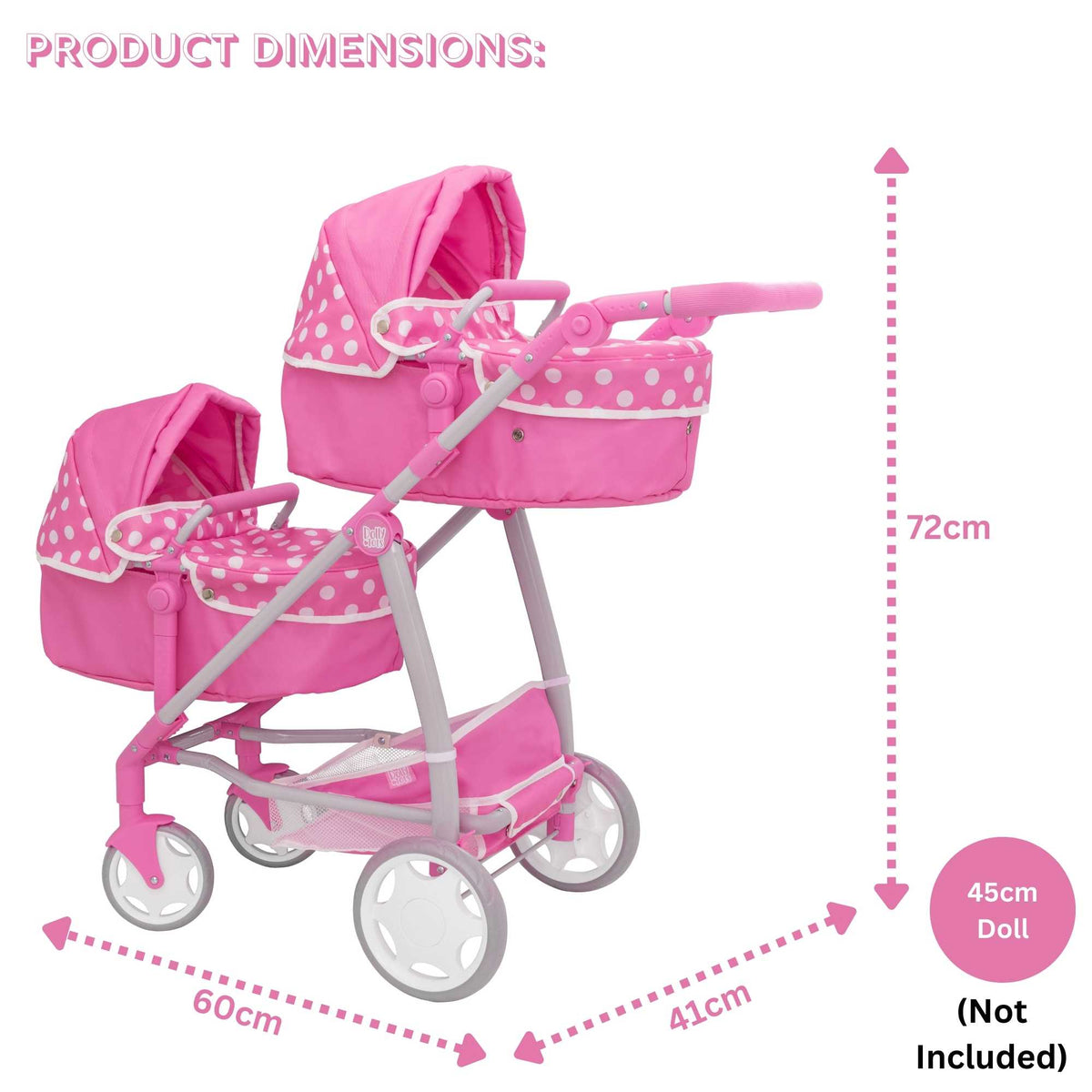 Dolly Tots Twin Dolls Pram - Spacious and Sturdy Toy Pram for Twin Dolls with Adjustable Handle