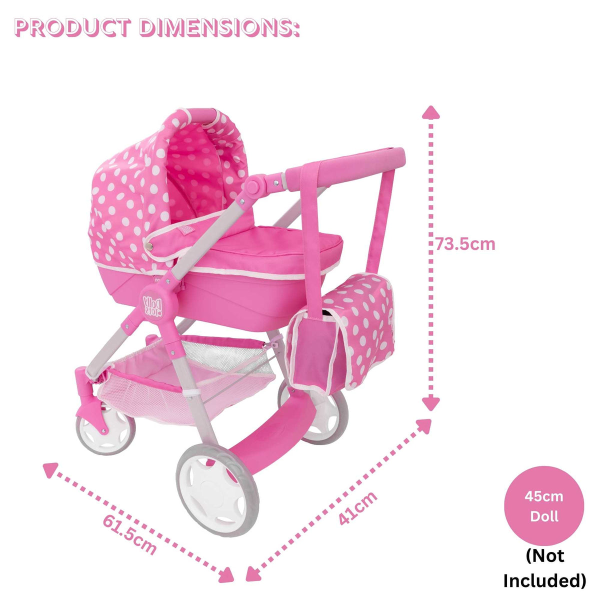 Dolly Tots Junior Roamer Dolls Pram - Modern and Versatile Toy Pram for Dolls with Adjustable Handle