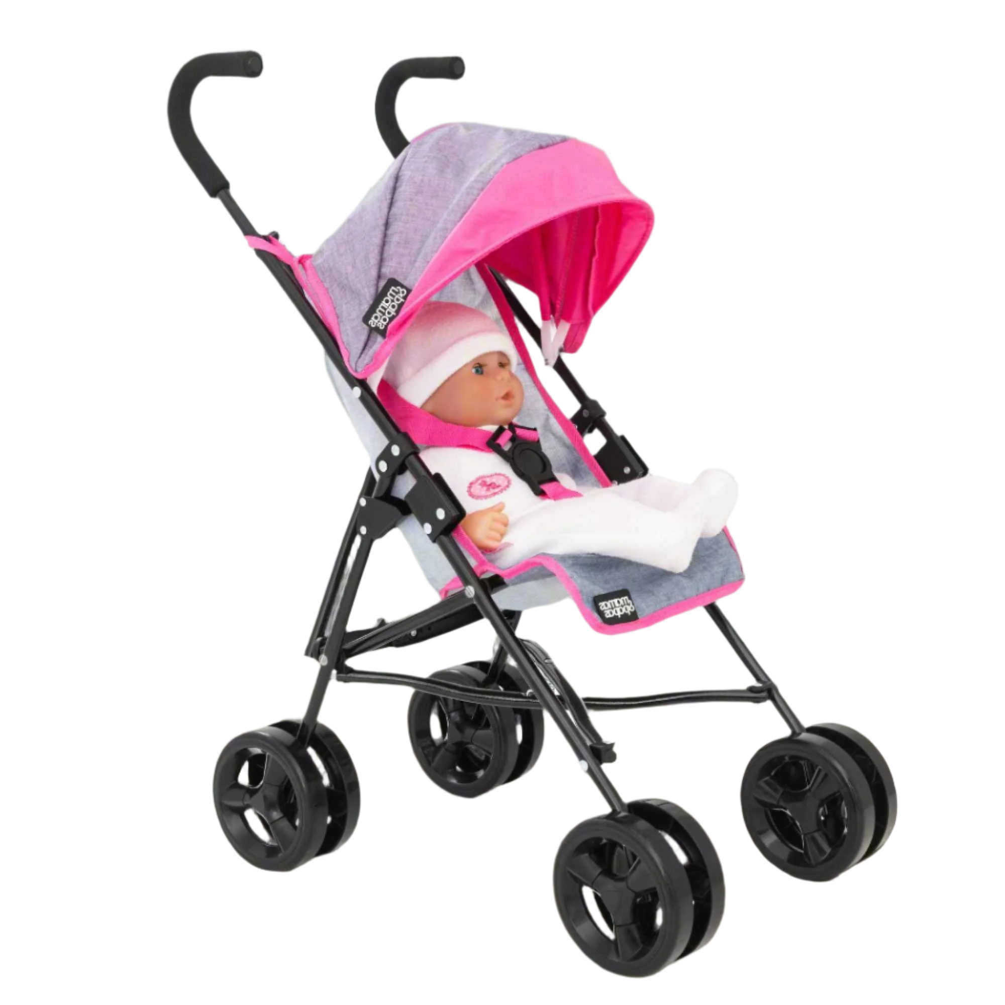 Mamas & Papas Junior Cruise Stroller, designed for children's imaginative play, featuring a sleek and modern design with sturdy frame and smooth-rolling wheels, perfect for pretend outings with dolls.