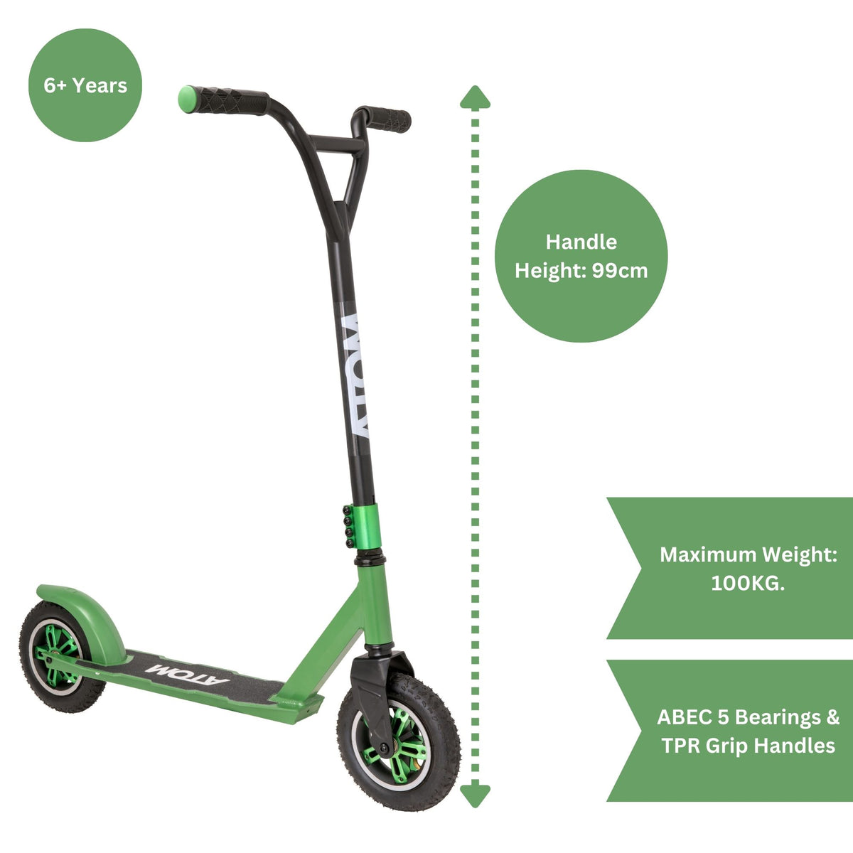 ATOM Dirt Rider Scooter in Green, durable off-road scooter designed for rugged terrains and adventurous rides