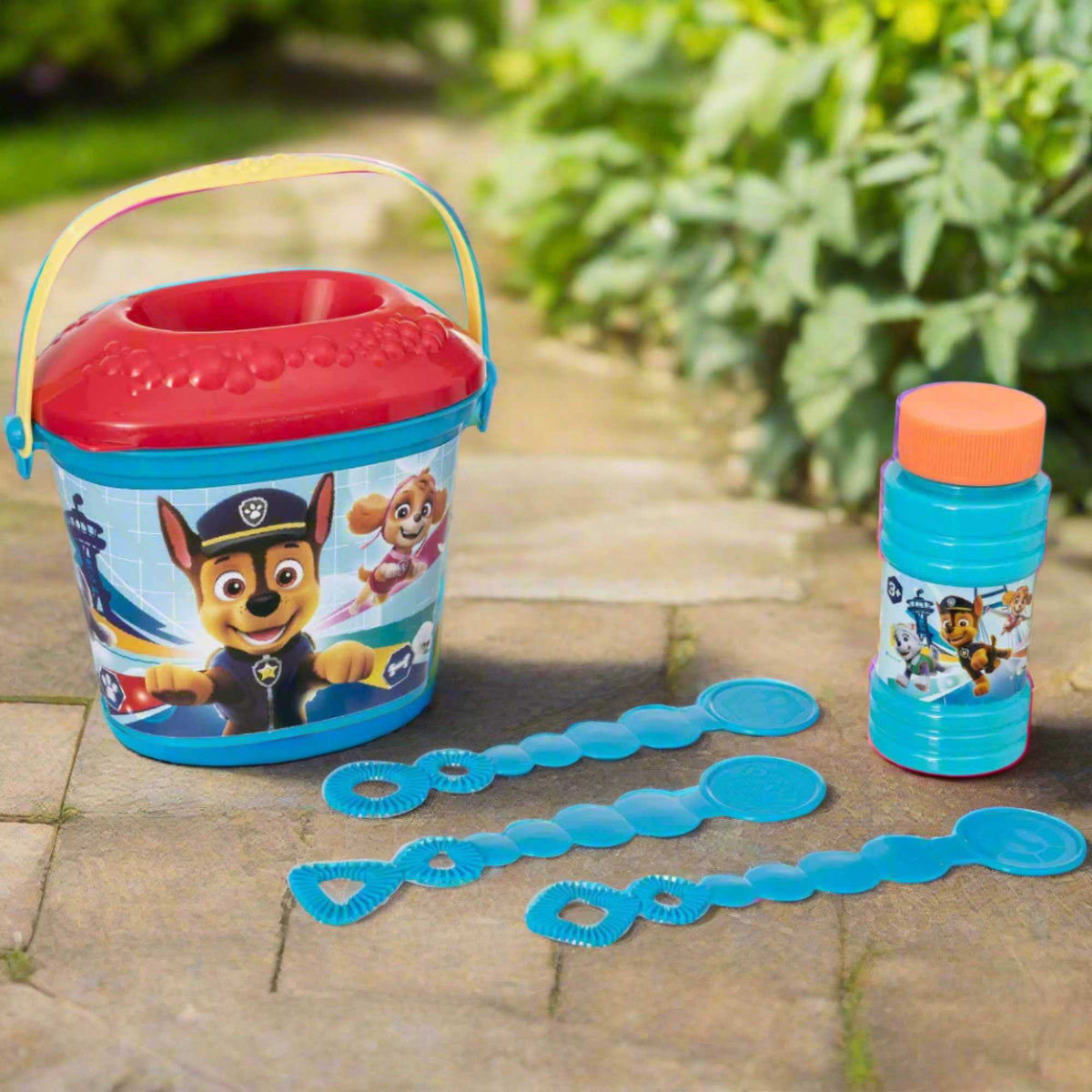 Paw Patrol Bubble Bundle featuring a bubble gun, bubble wands, and bubble solution - perfect for kids&#39; outdoor fun and playtime adventures!