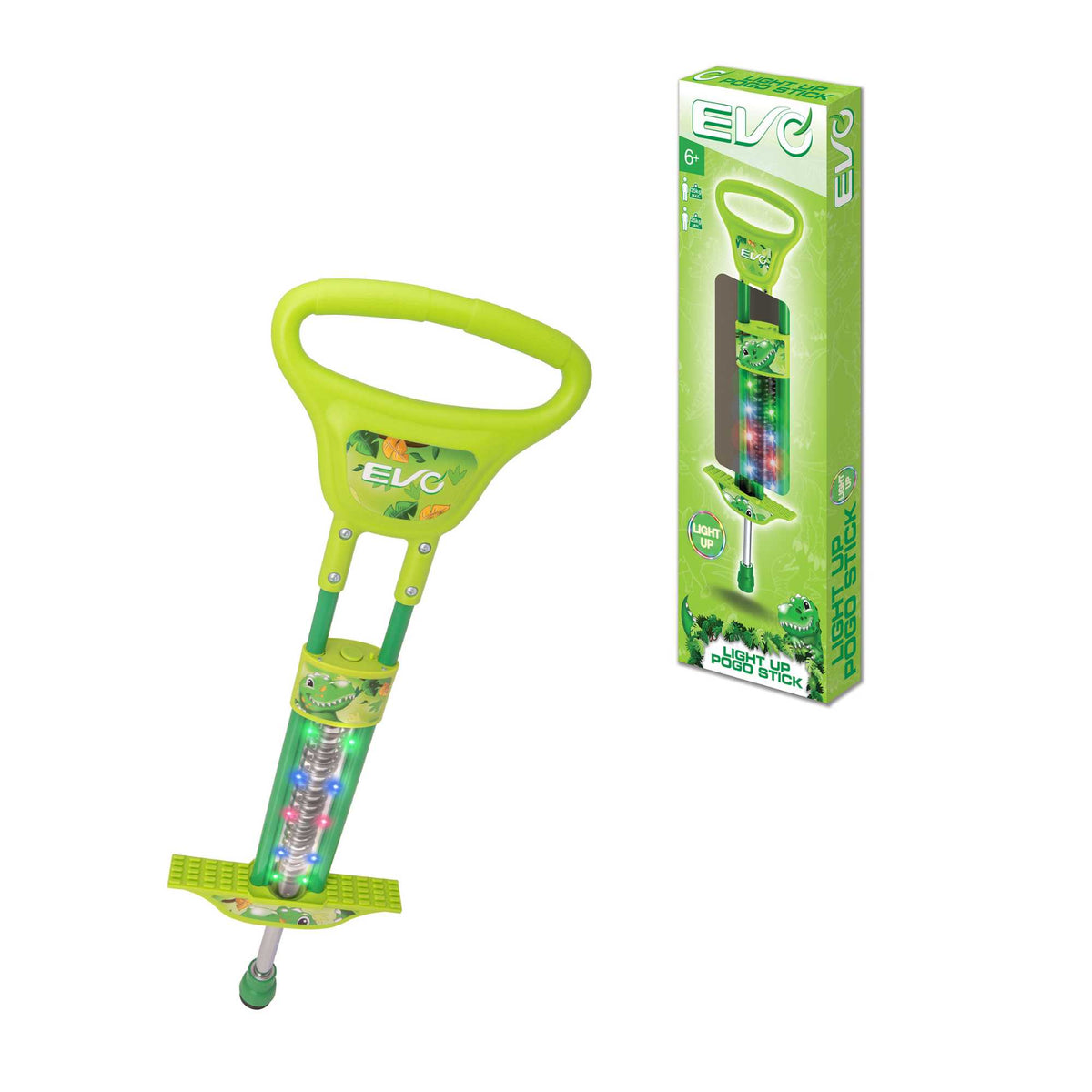 EVO Light Up Pogo Stick featuring bright colourful lights, sturdy frame, non-slip footpads, and comfortable handlebars, perfect for kids&#39; active outdoor play and exercise.