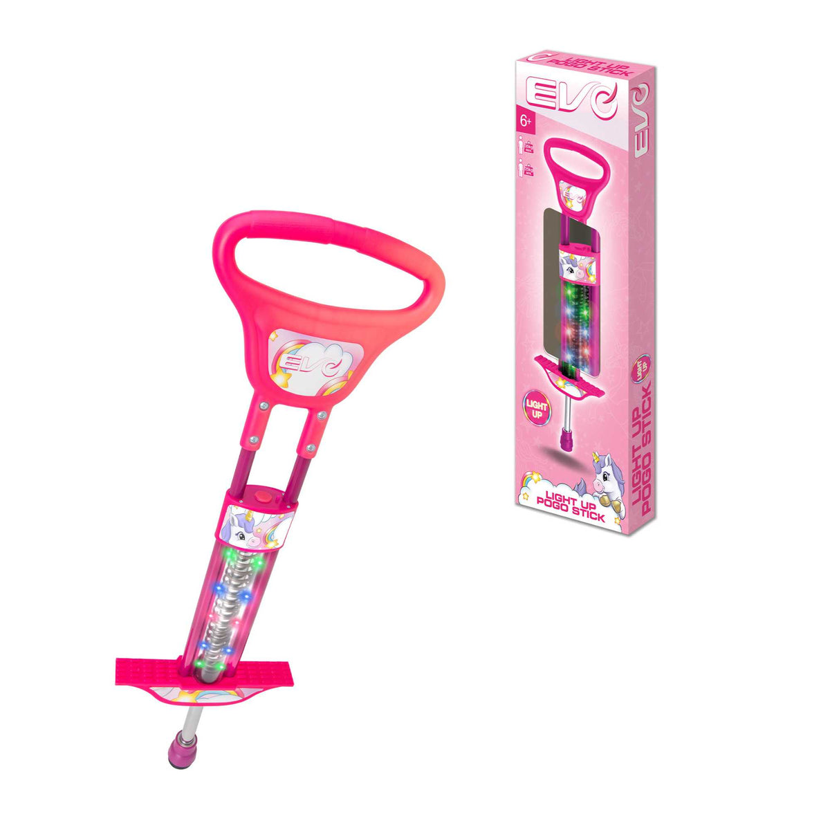 EVO Light Up Pogo Stick featuring bright colourful lights, sturdy frame, non-slip footpads, and comfortable handlebars, perfect for kids&#39; active outdoor play and exercise.