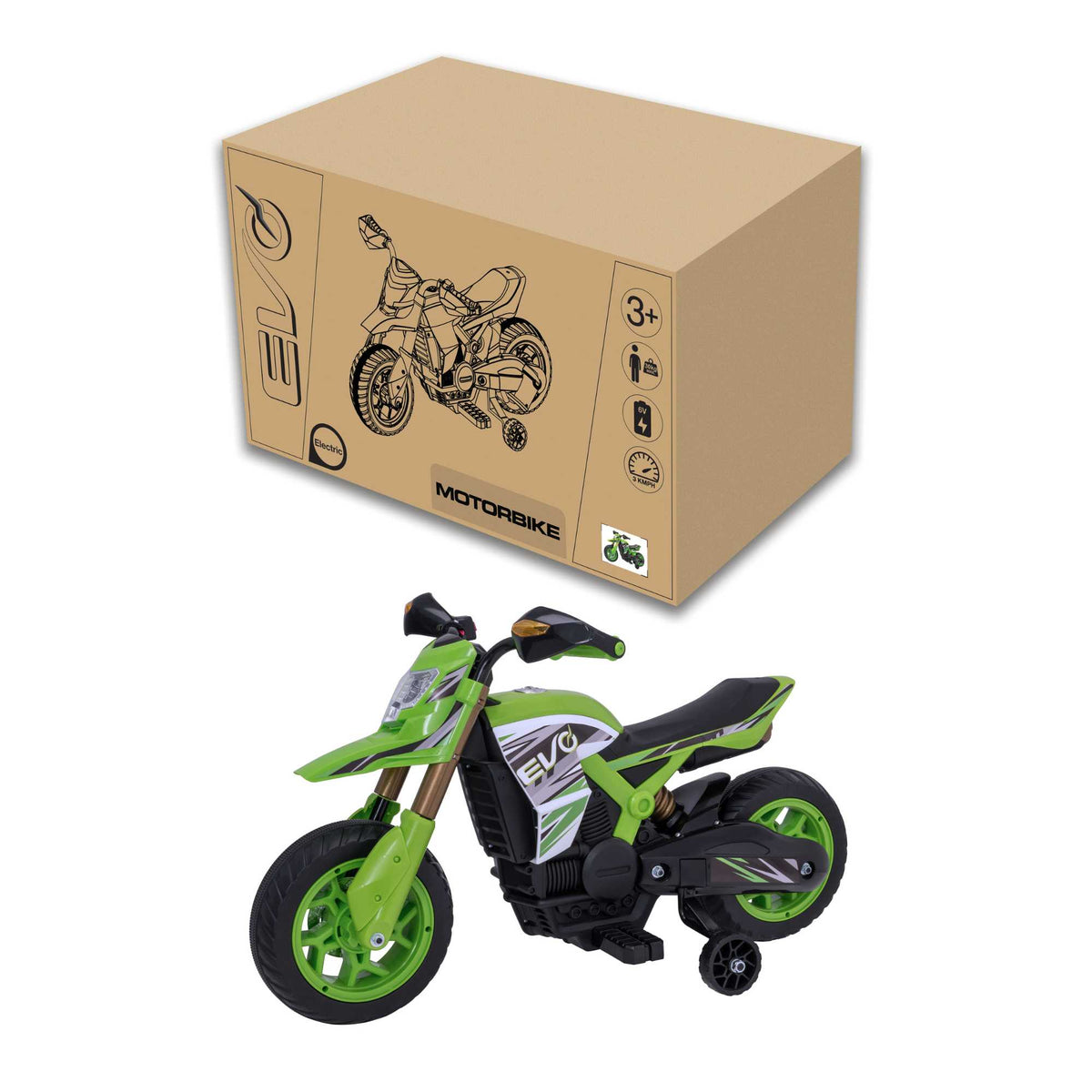 Green EVO 6V Kids Electric Ride-On Venom Rally Bike – Fun and stylish battery-powered motorbike with realistic design, sturdy wheels, and safe ride for young adventurers.