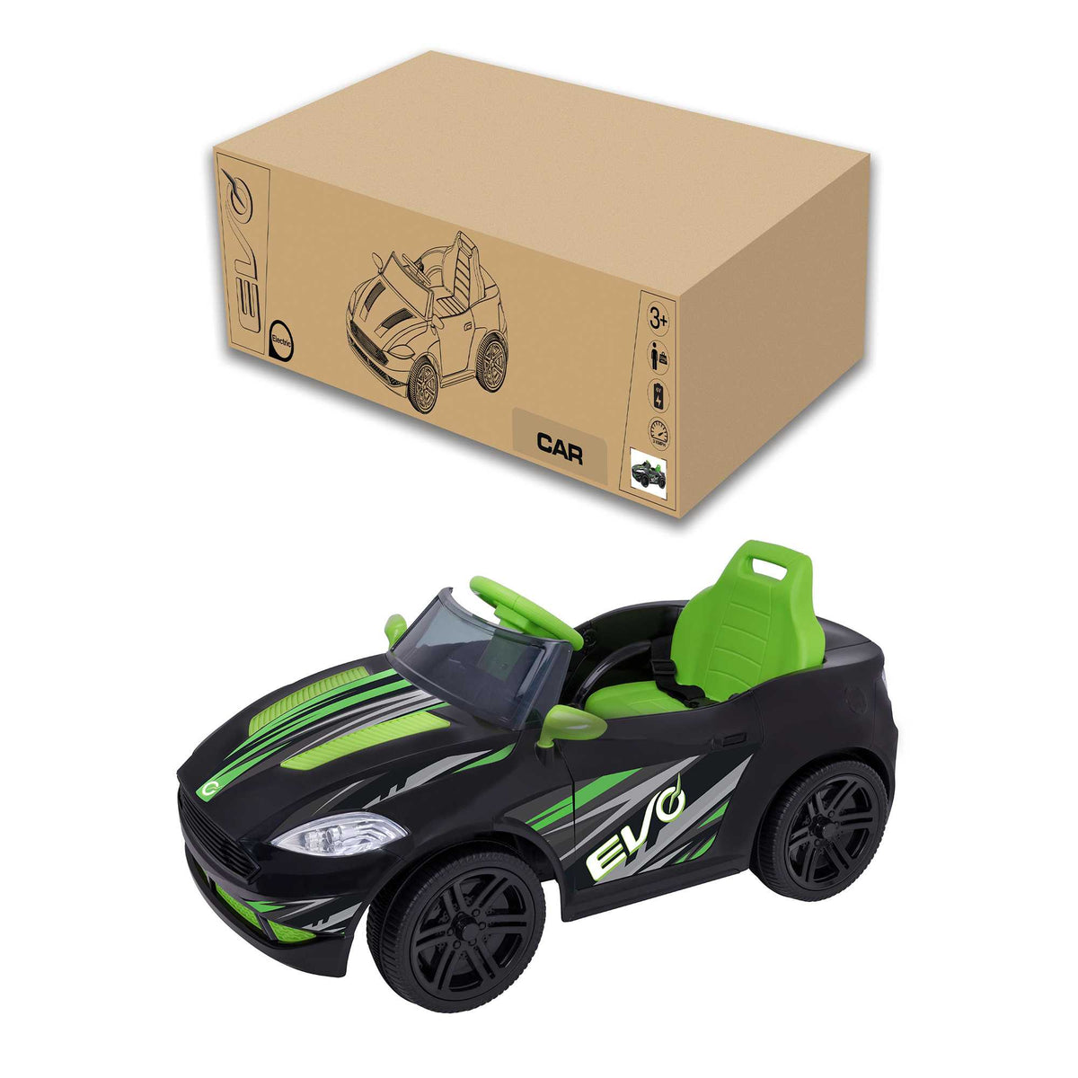 Green EVO 6V Kids Electric Ride-On Venom Sports Car – Stylish battery-powered toy car with realistic design, working lights, and smooth ride for young drivers.