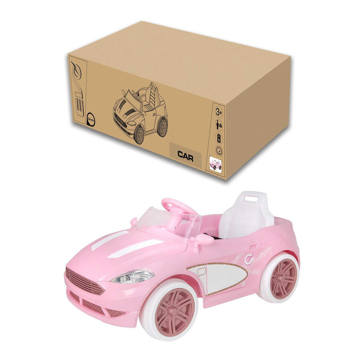 Pink EVO Dream Coupe Car Ride-On Toy for children aged 3+, featuring pedal-driven forward and reverse motion, working headlights, and authentic engine and horn sounds