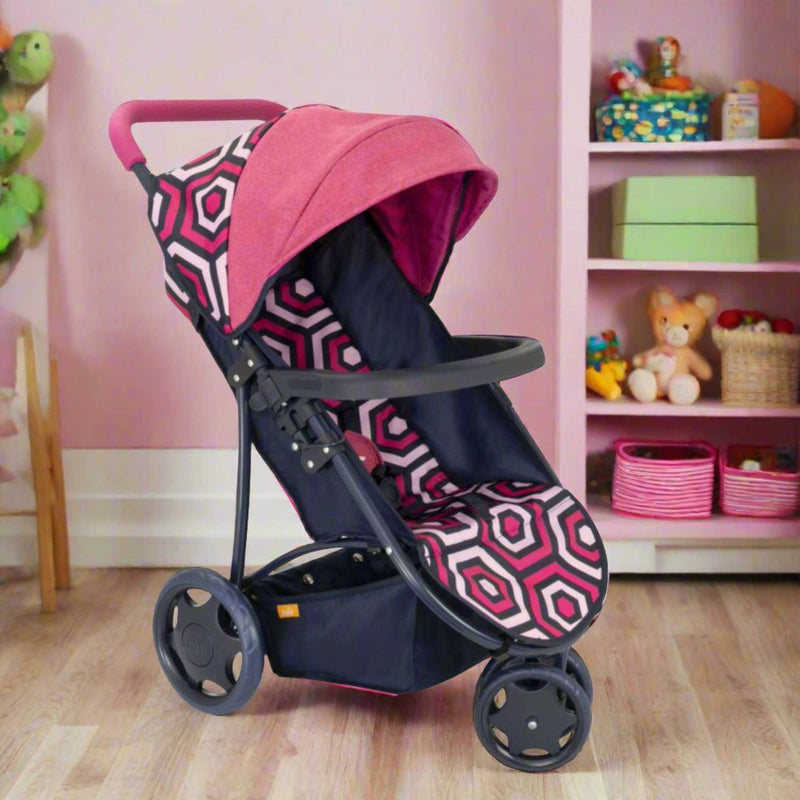 Joie Junior Litetrax Dolls Pram, a sleek toy stroller with an adjustable hood in a stylish navy blue and geometric pink pattern. A replica of the real Joie Litetrax 3 pram for imaginative doll play.