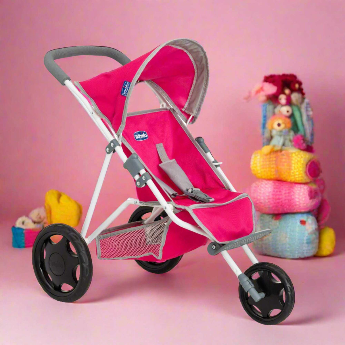 Chicco Active 3 Dolls Pushchair, a sleek, modern toy stroller with an adjustable hood, smooth-rolling wheels, and under-seat storage. Perfect for kids to enjoy imaginative, realistic doll play.