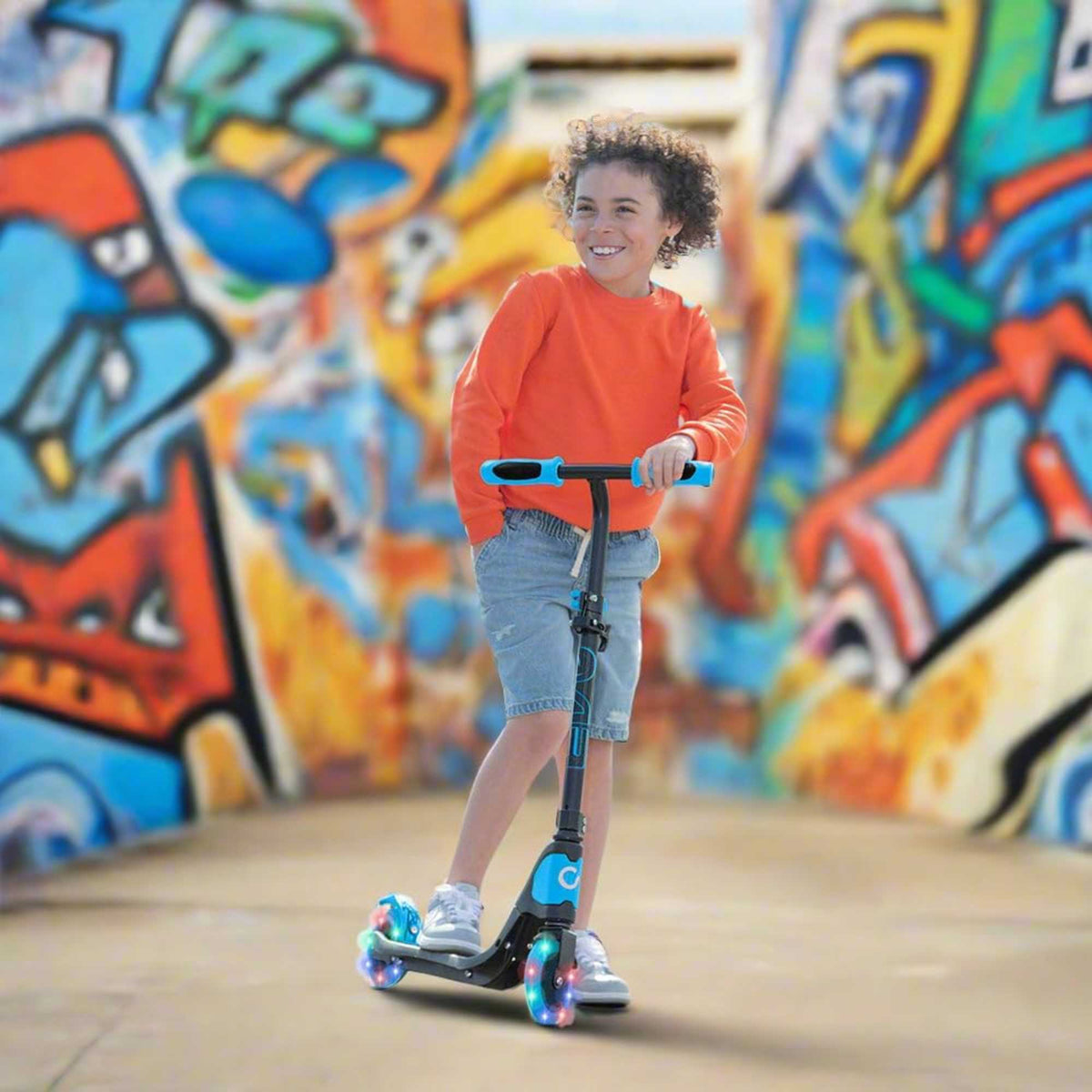 EVO Children&#39;s Light Up Light Speed Scooter for Kids Ages 5 and Up with LED Wheels and Adjustable Handlebar, perfect for enhancing motor skills and outdoor fun.