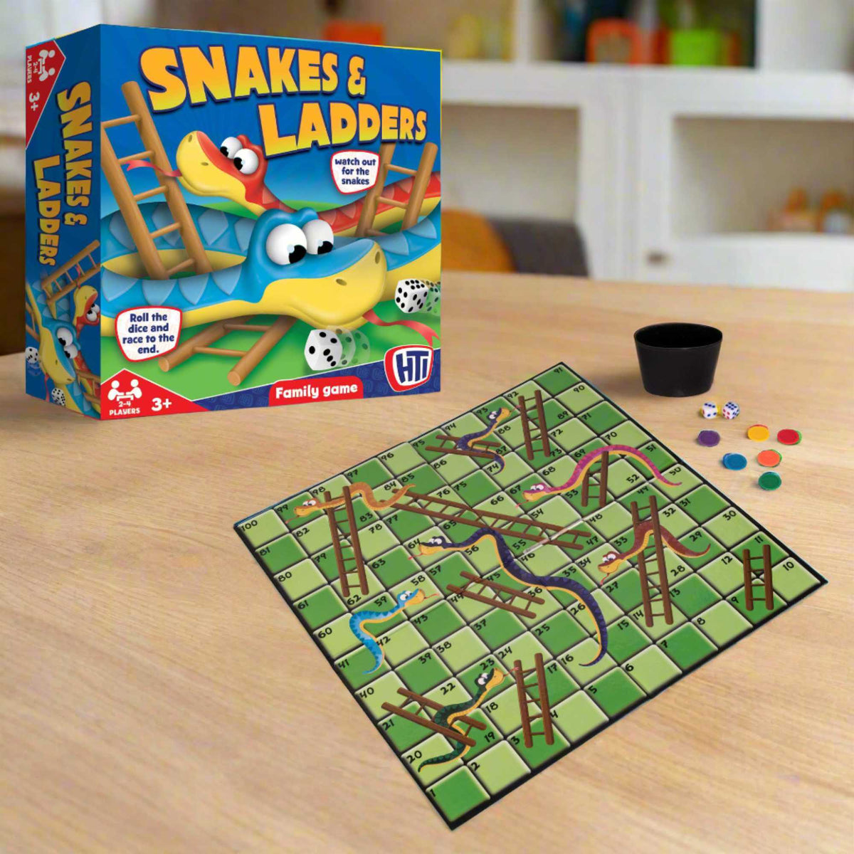 Snakes &amp; Ladders Game, a portable board game perfect for children’s parties, family game nights, camping, or holidays. Offers hours of fun while boosting strategic thinking and fine motor skills.