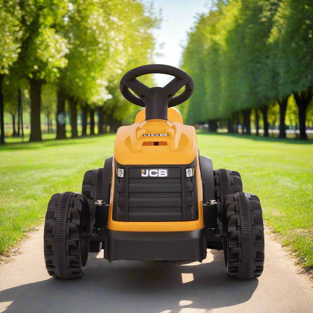 EVO JCB Battery Operated Tractor Ride-On for 2-year-olds, featuring a yellow and black JCB design, battery-powered operation, and a stable, comfortable ride for imaginative farm adventures.