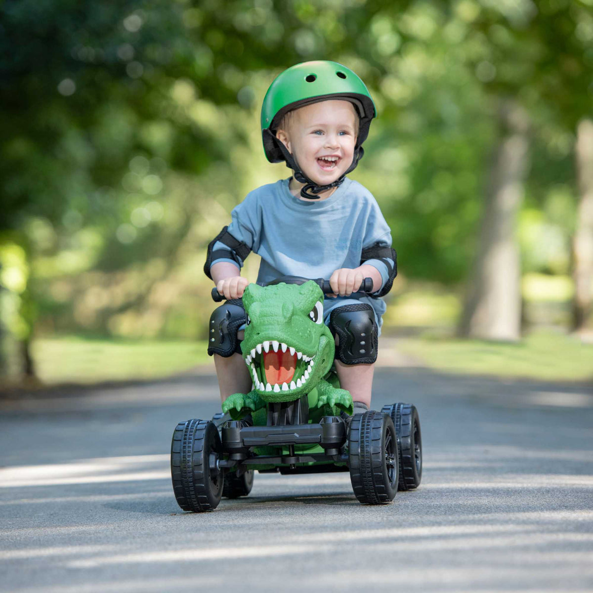 ATOM Dino Quad Battery Operated Ride-On Toy for kids, featuring a dinosaur-themed design, four rugged wheels, and easy-to-use controls, perfect for adventurous outdoor play.