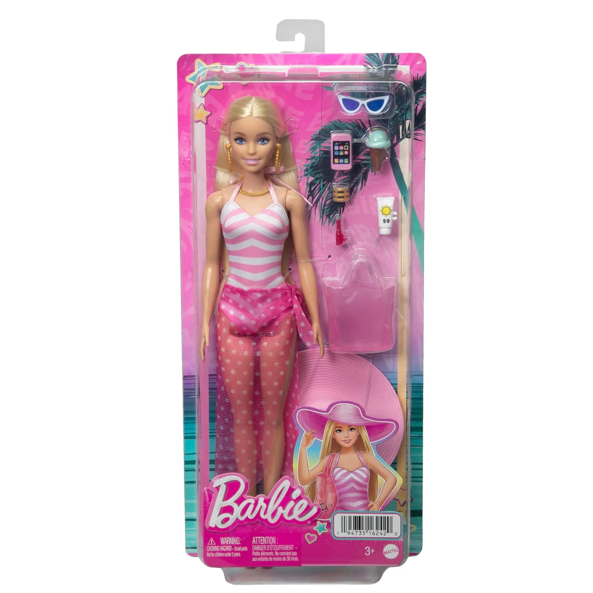 Blonde Barbie Doll with Swimsuit and Beach-Themed Accessories