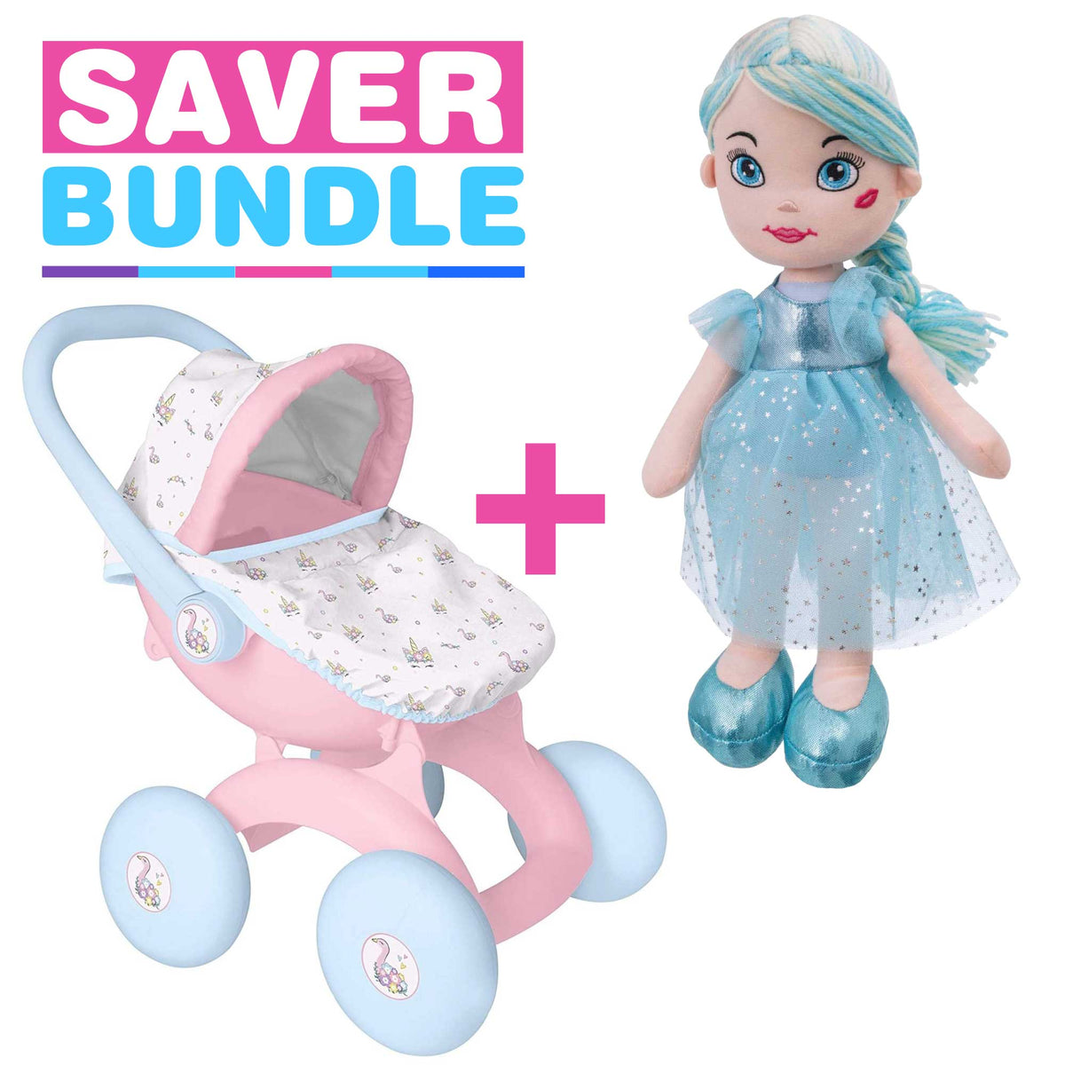 BabyBoo My First 4-IN-1 Dolls Pram + Rosie Rag Doll - Blue Bundle