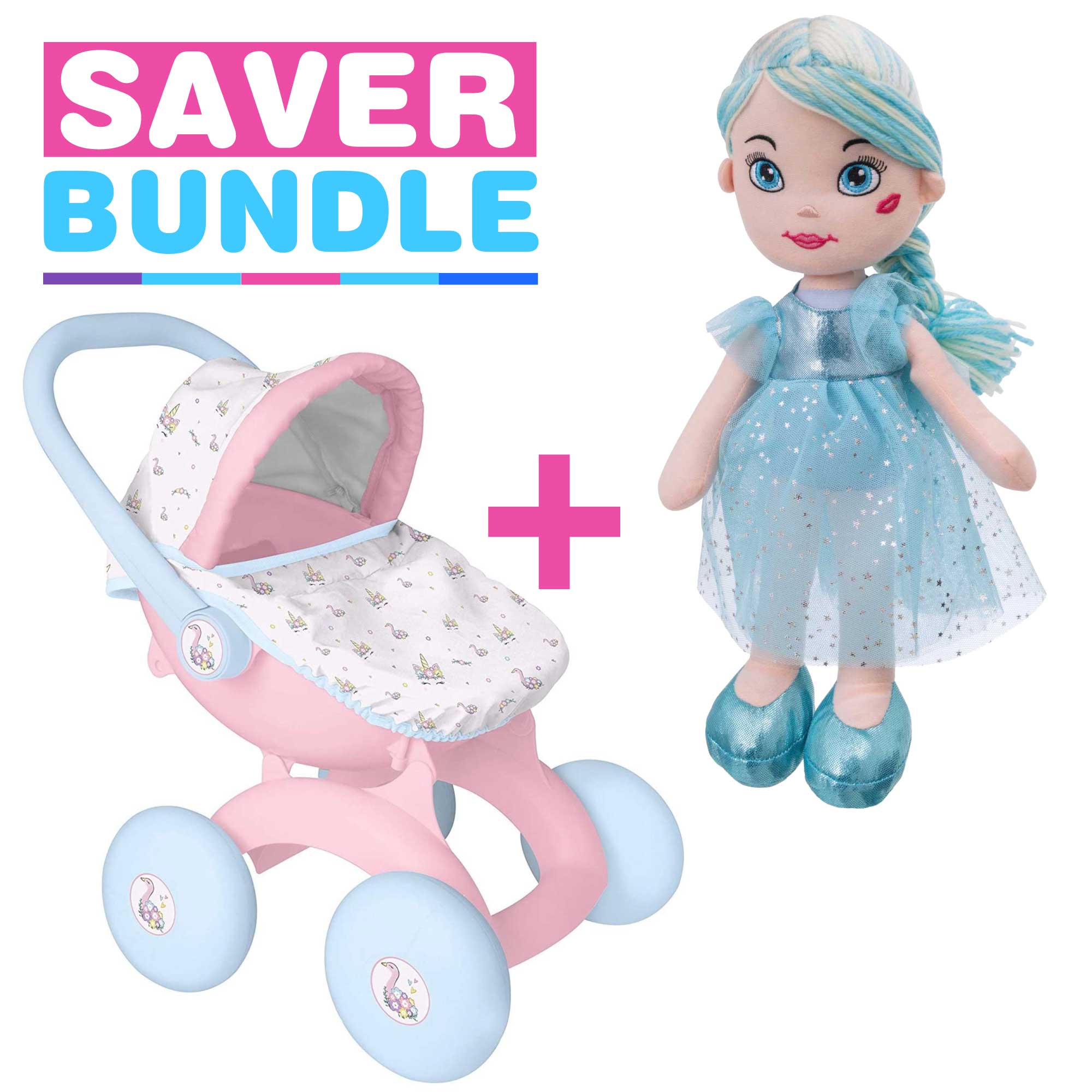 BabyBoo My First 4-IN-1 Dolls Pram + Rosie Rag Doll - Blue Bundle Prams