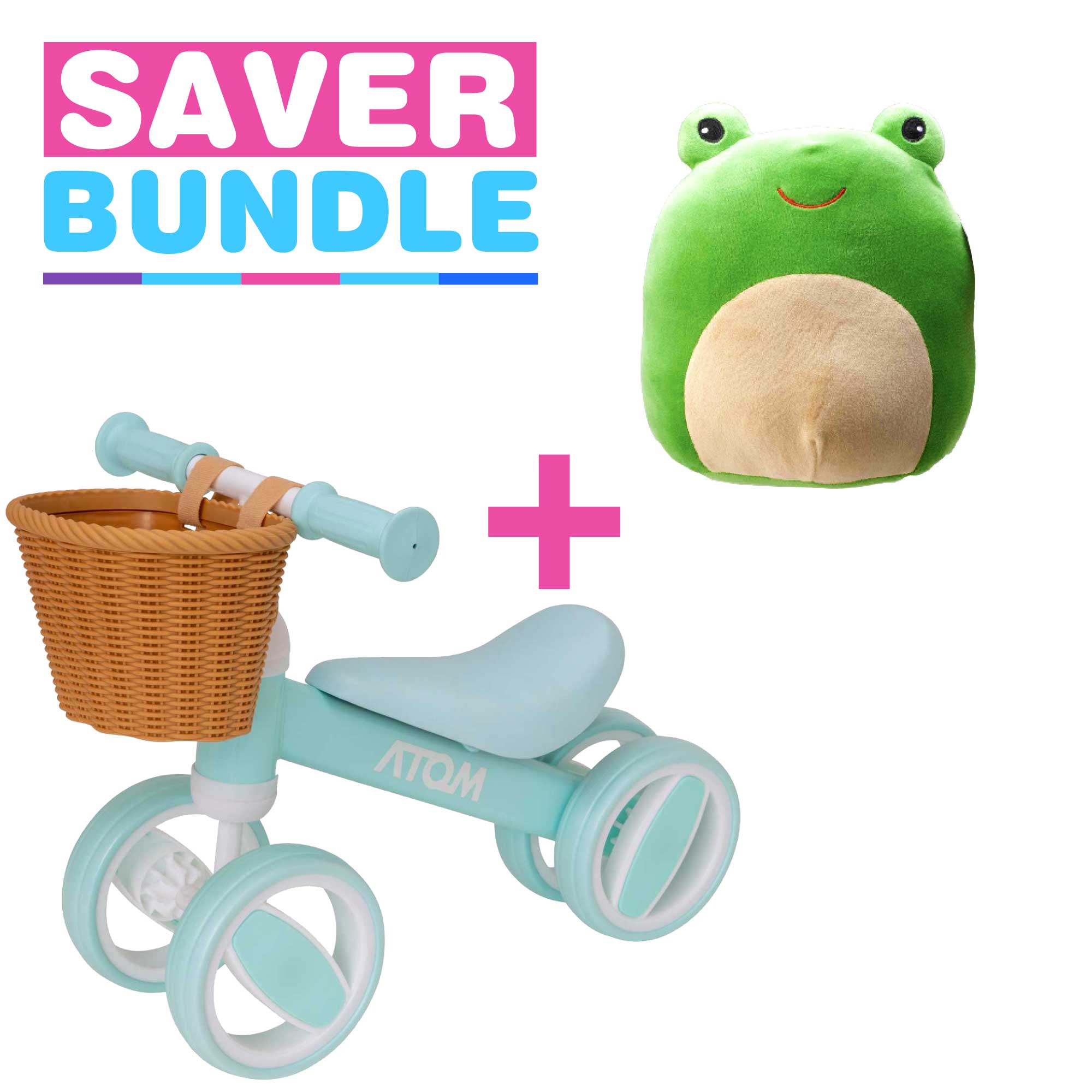 Atom Bobble Bike With Basket - Mint Green + Squish Meez Cloudeez 9' Plush Toy | Hopper Bundle Balance Bike