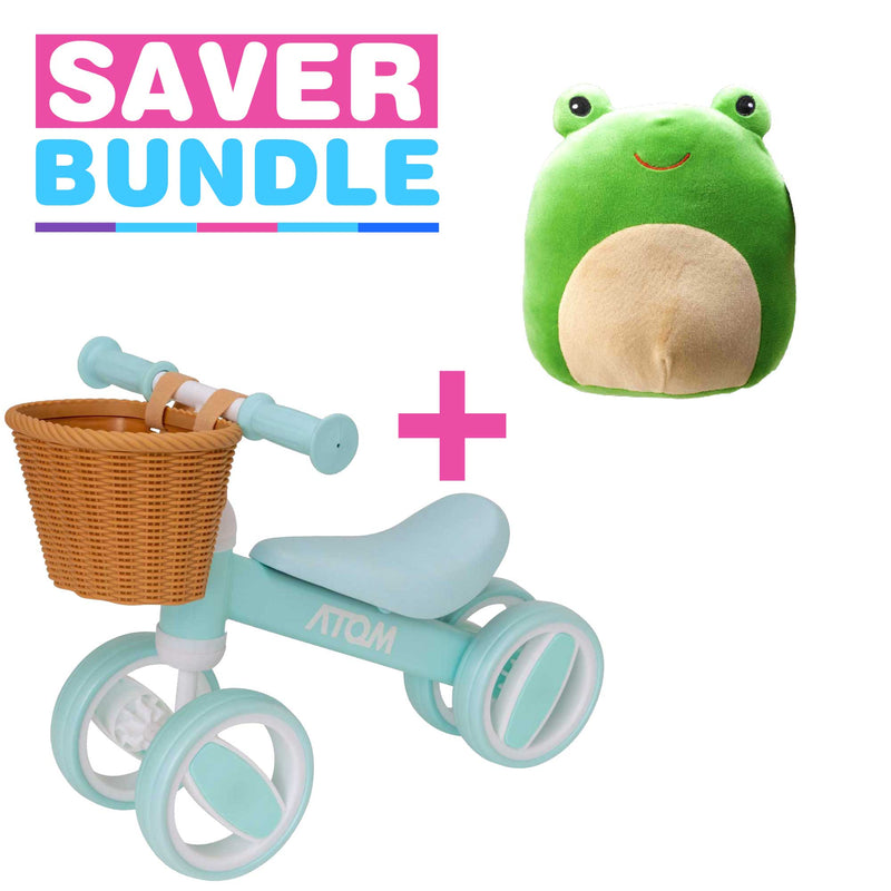 Atom Bobble Bike With Basket - Mint Green + Squish Meez Cloudeez 9' Plush Toy | Hopper Bundle Balance Bike