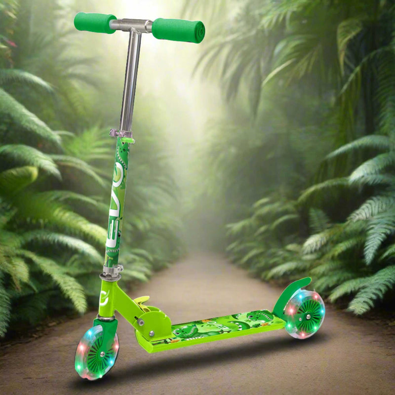 EVO Children's Light Up Inline Scooter for Kids Ages 5 and Up with LED Wheels and Adjustable Handlebar, perfect for enhancing motor skills and outdoor fun.