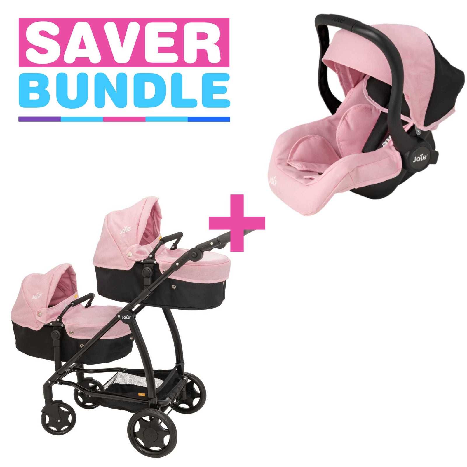 Joie Evalite Dolls Pram - 9 Play Modes + Joie I-Gemm Dolls Car Seat - Pink & Black