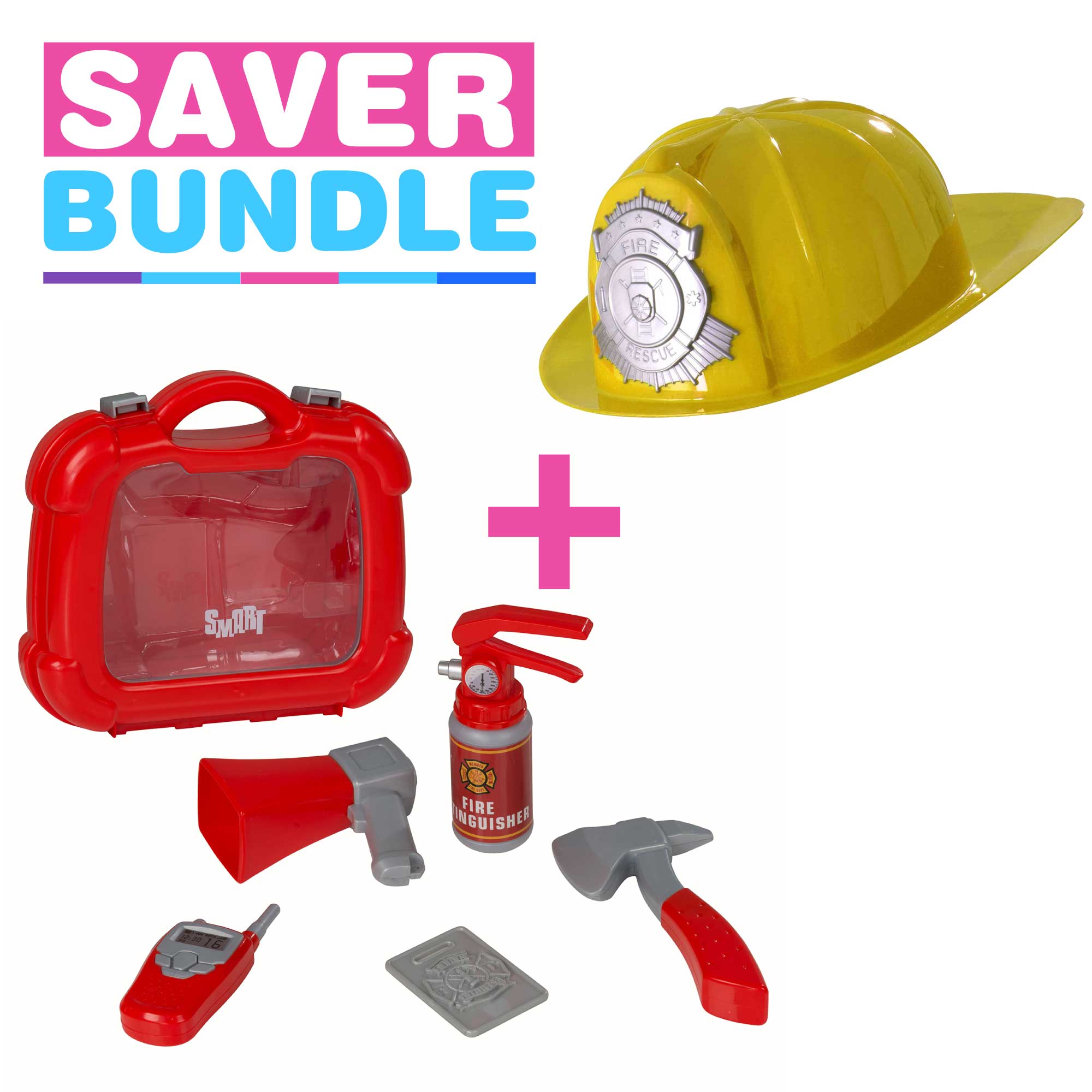 Yellow Fancy Dress Fireman Hat + Smart Fire and Rescue Playset Case Bundle