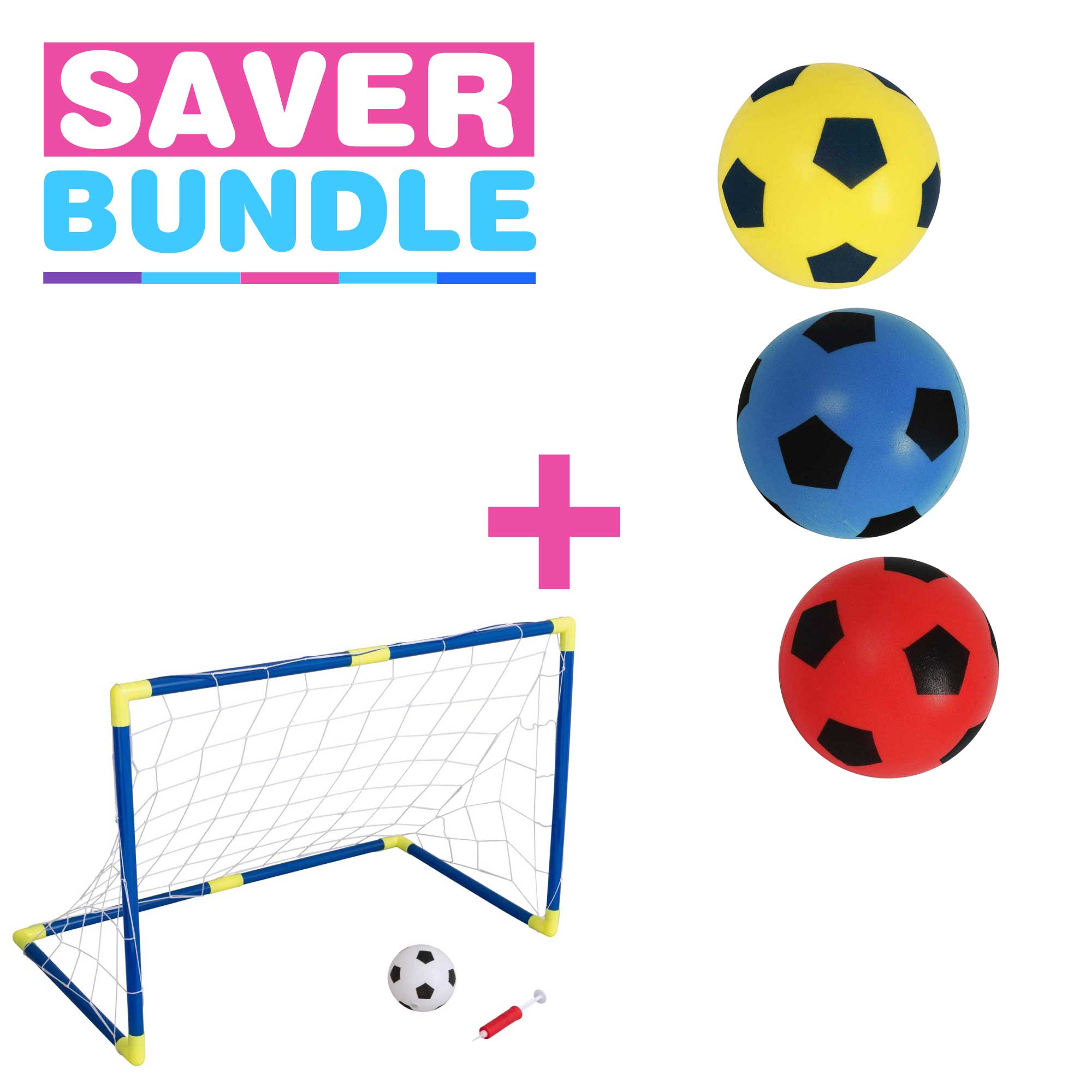 Foam Footballs | Pack of 3 + Fun Sport 90CM Football Net Set Bundle Garden Toys & Games