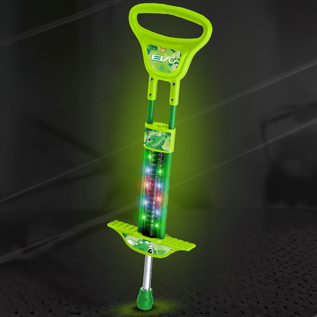 EVO Light Up Pogo Stick featuring bright colorful lights, sturdy frame, non-slip footpads, and comfortable handlebars, perfect for kids&#39; active outdoor play and exercise.