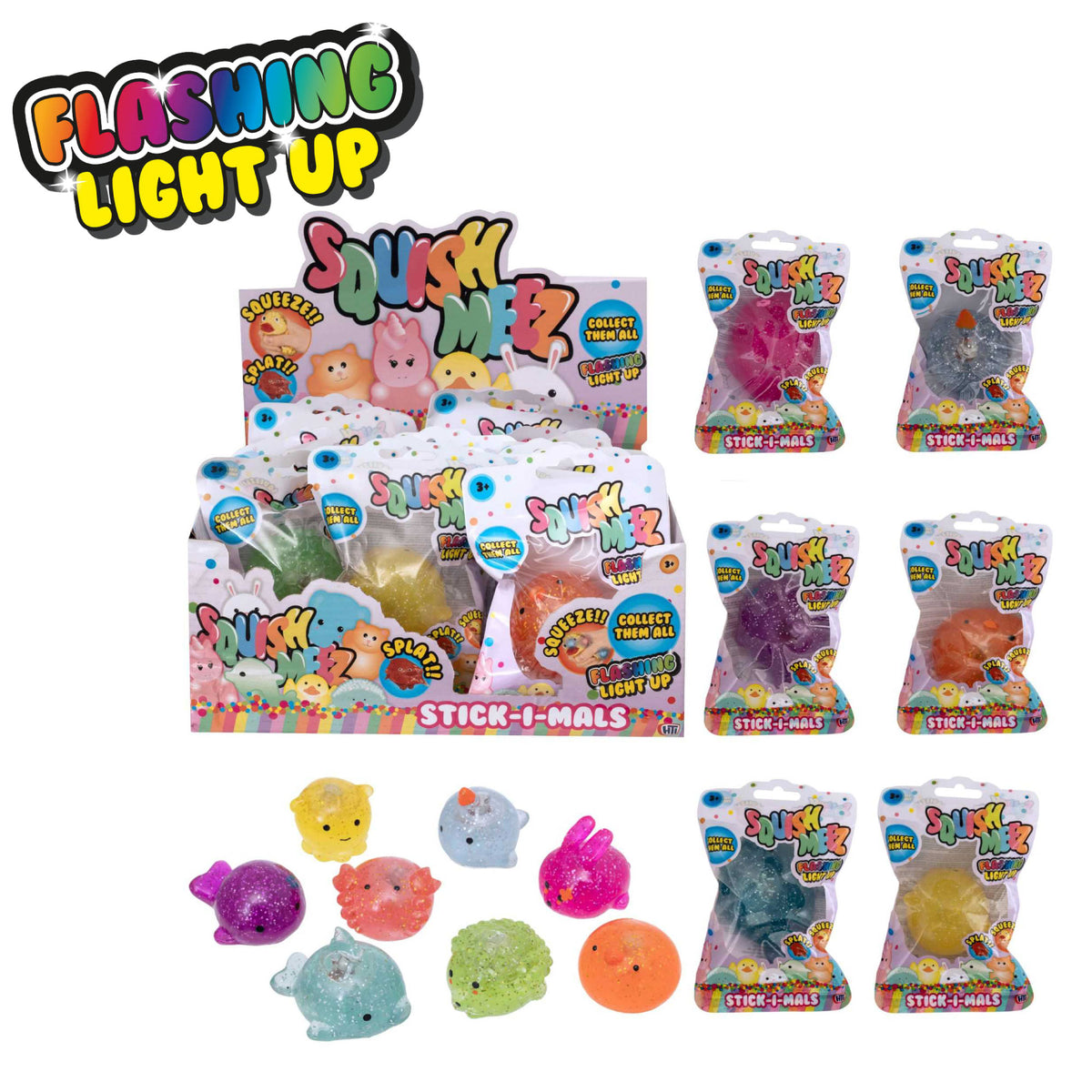 Squish-Meez Stick-I-Mals | Light Up &amp; Glitter | 24 Pack Fidget Toy Playset