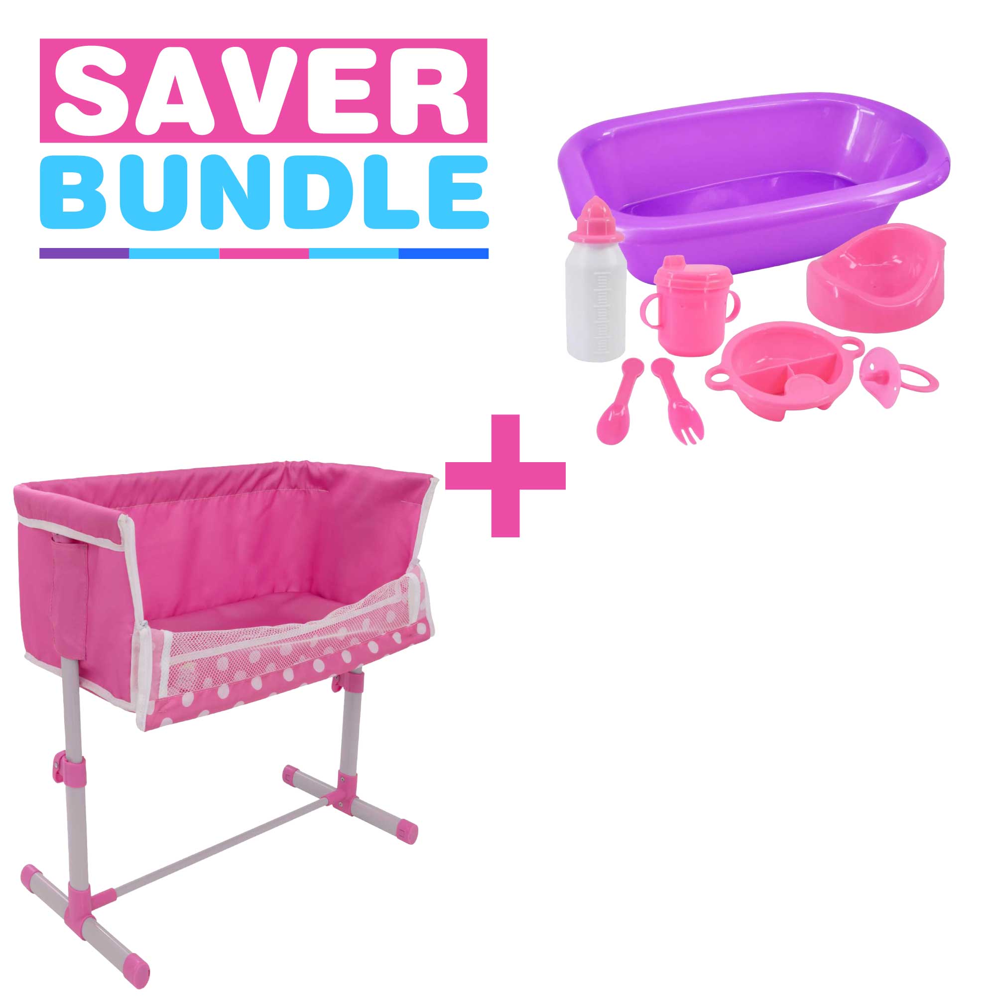 8 Piece Baby Doll Bath Set + Dolly Tots Beside Me Dolly Cot Bundle