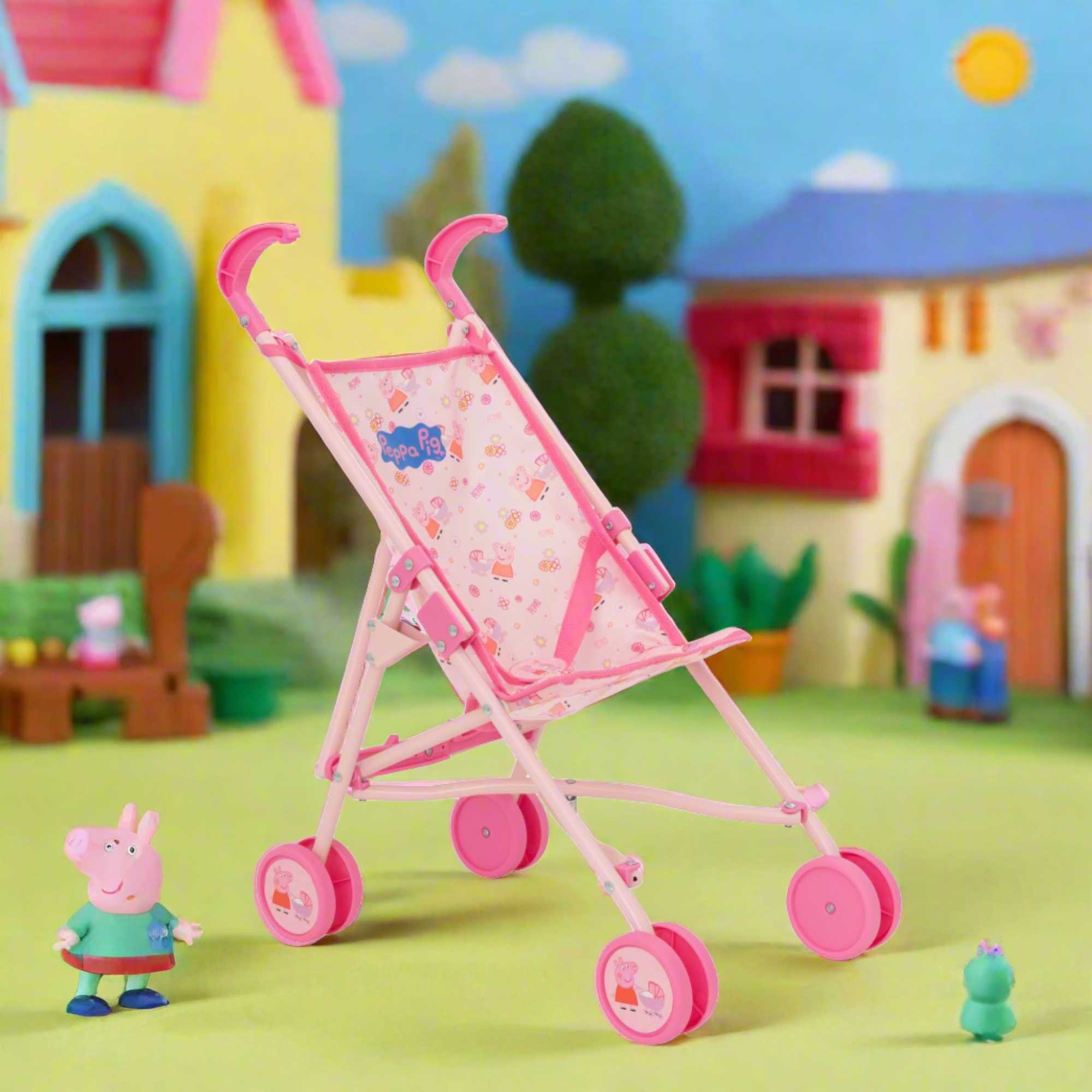 Peppa Pig Single Dolls Stroller, featuring a vibrant design with Peppa Pig-themed accents, ideal for children's imaginative play with their favourite dolls
