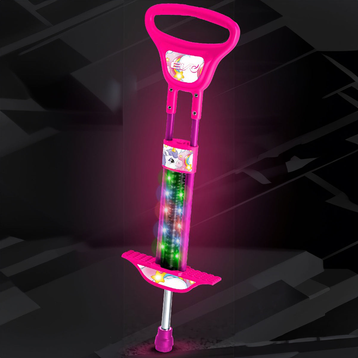 EVO Light Up Pogo Stick featuring bright colorful lights, sturdy frame, non-slip footpads, and comfortable handlebars, perfect for kids&#39; active outdoor play and exercise.