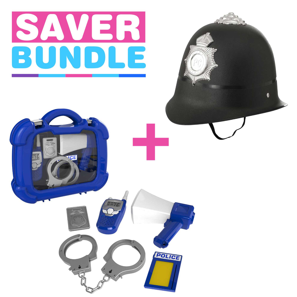 Smart Police Carry Case Playset + Kids Fancy Dress Police Helmet Bundle