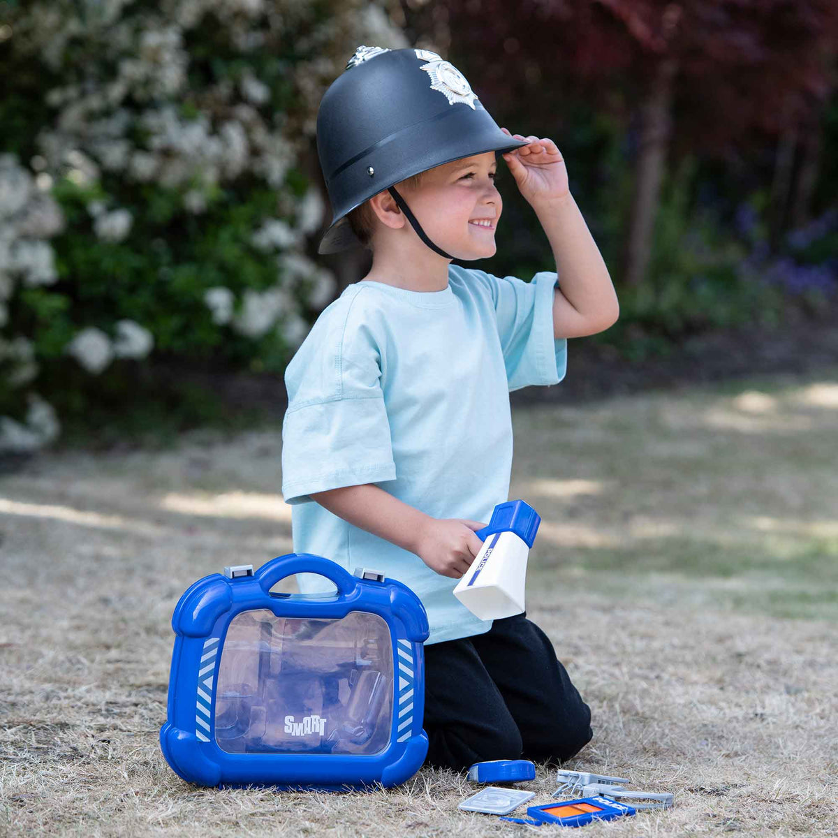 Smart Police Carry Case Playset + Kids Fancy Dress Police Helmet Bundle Fancy Dress