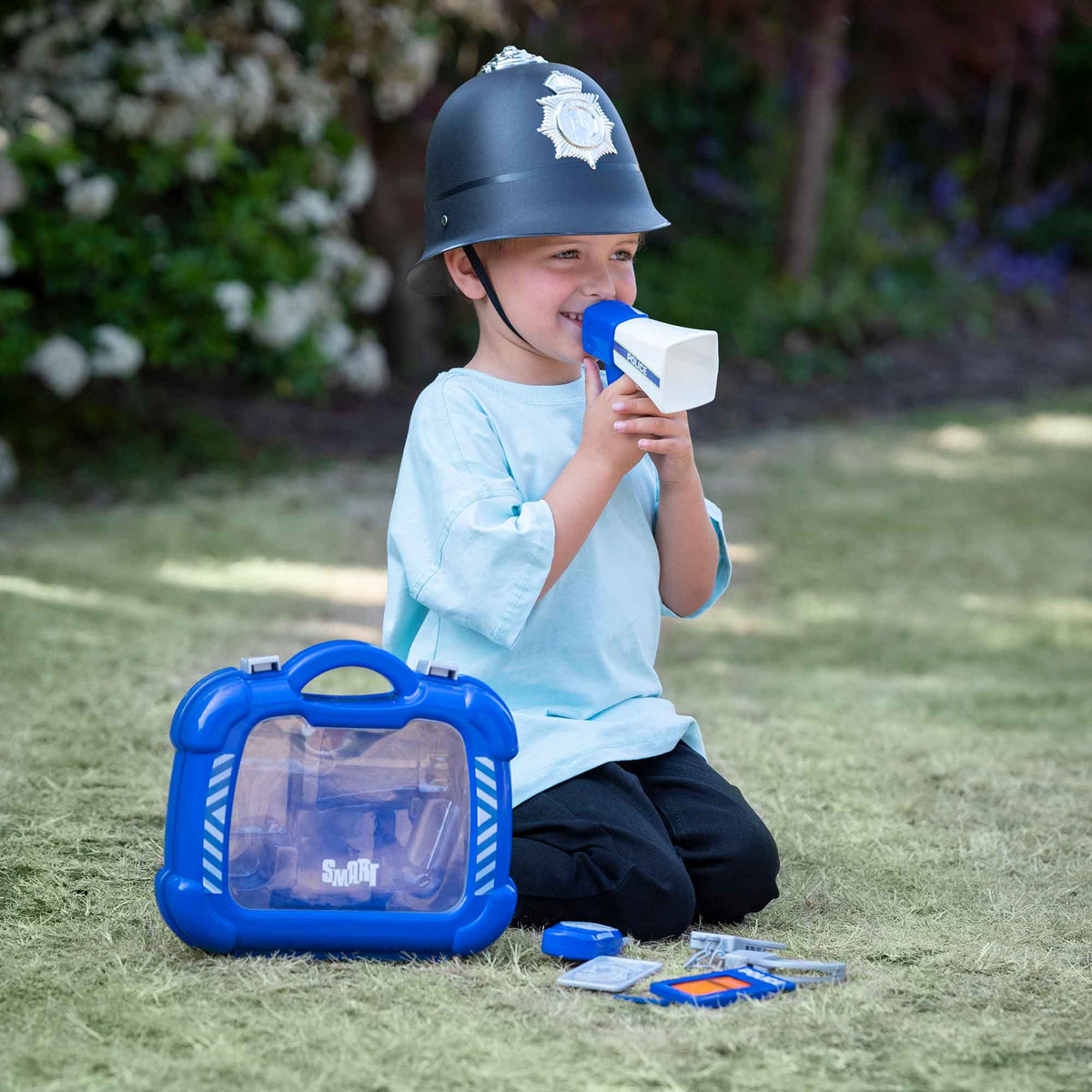 Smart Police Carry Case Playset + Kids Fancy Dress Police Helmet Bundle Fancy Dress