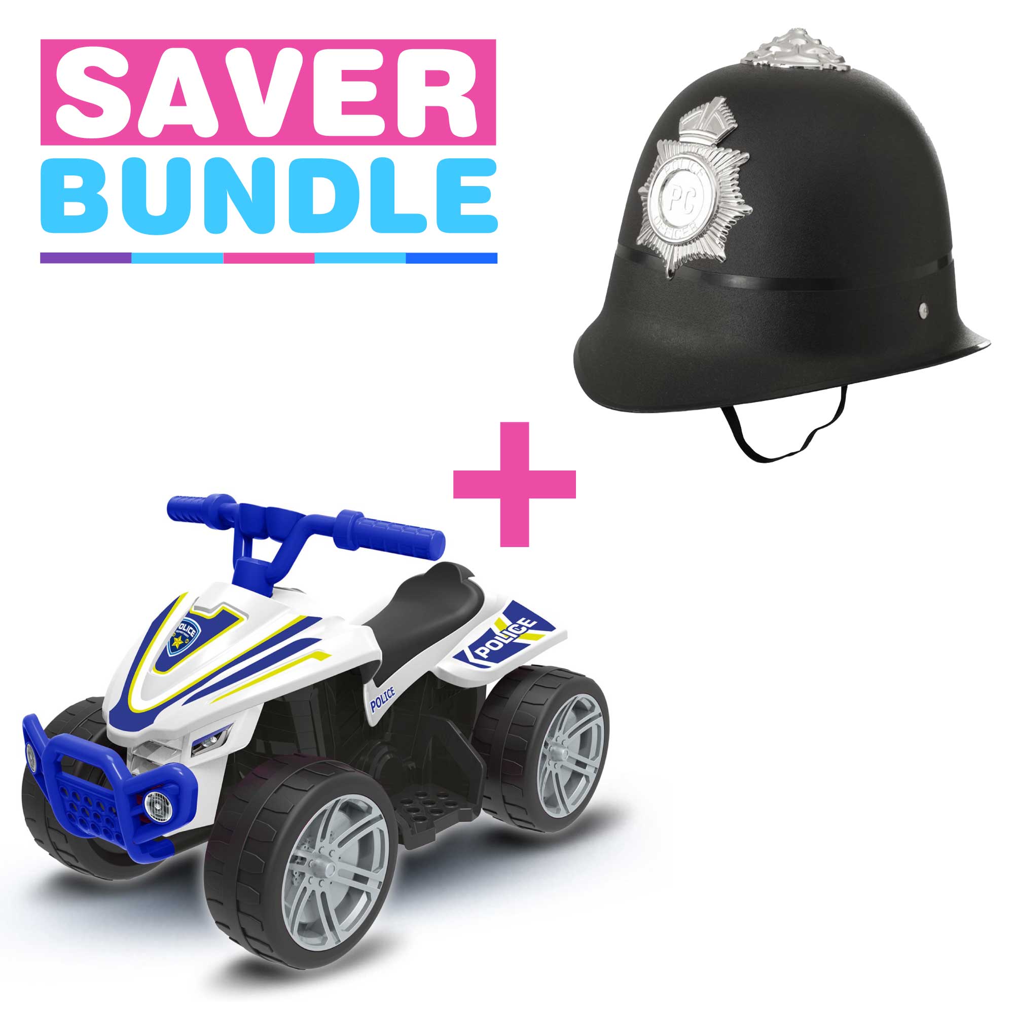 Electric Police Quad Bike Ride On + Kids Fancy Dress Police Helmet Bundle Electric Ride Ons