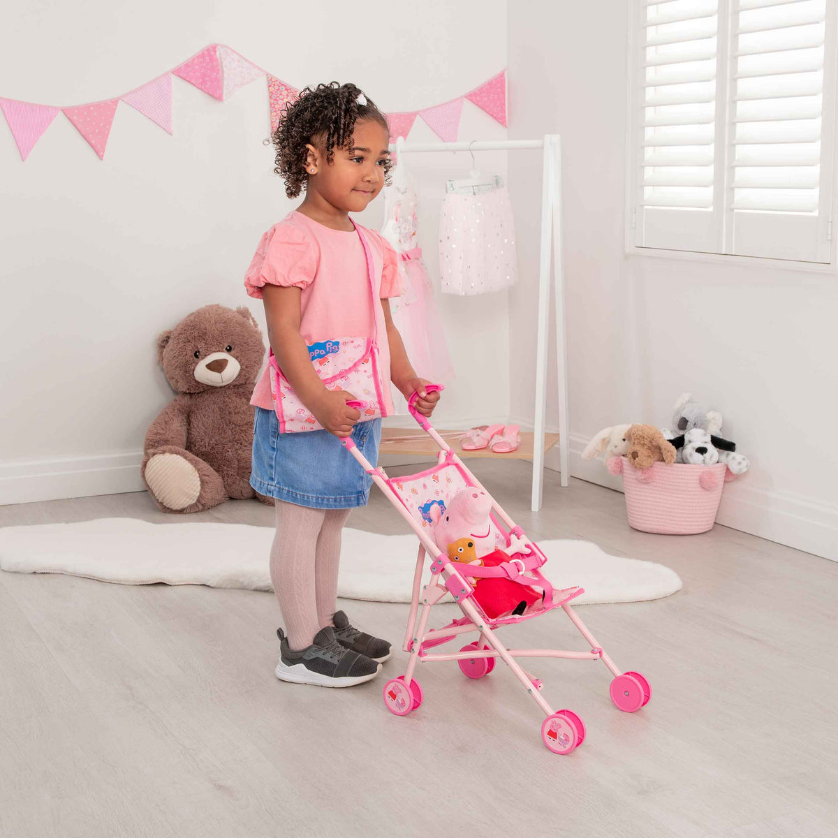 Peppa Pig Nursery Bundle - 7 Piece Playset: A colourful Peppa Pig-themed toy set including a high chair, stroller, Feeding set, perfect for toddlers&#39; imaginative play and doll care.