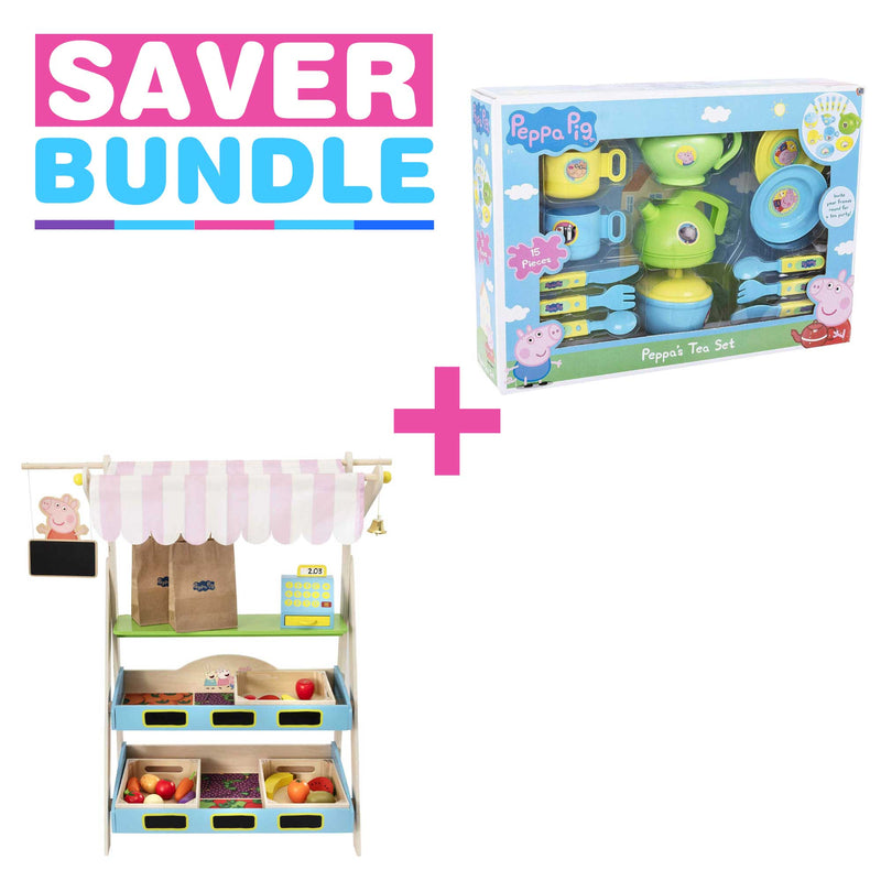 Peppa Pig Wooden Market Shop + Peppa Pig Afternoon Tea Playset Bundle