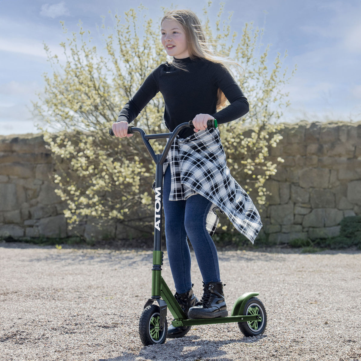 ATOM Dirt Rider Scooter in Green, durable off-road scooter designed for rugged terrains and adventurous rides