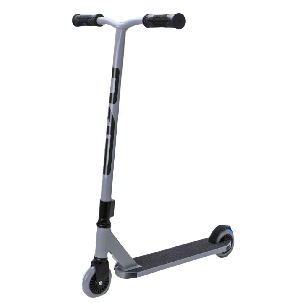 Children’s EVO Grey Viper Stunt Scooter with sleek grey finish, reinforced handlebars, non-slip deck, and high-traction wheels, designed for stunt riding and tricks. Features viper-inspired graphics and durable construction for performance at skateparks and streets.