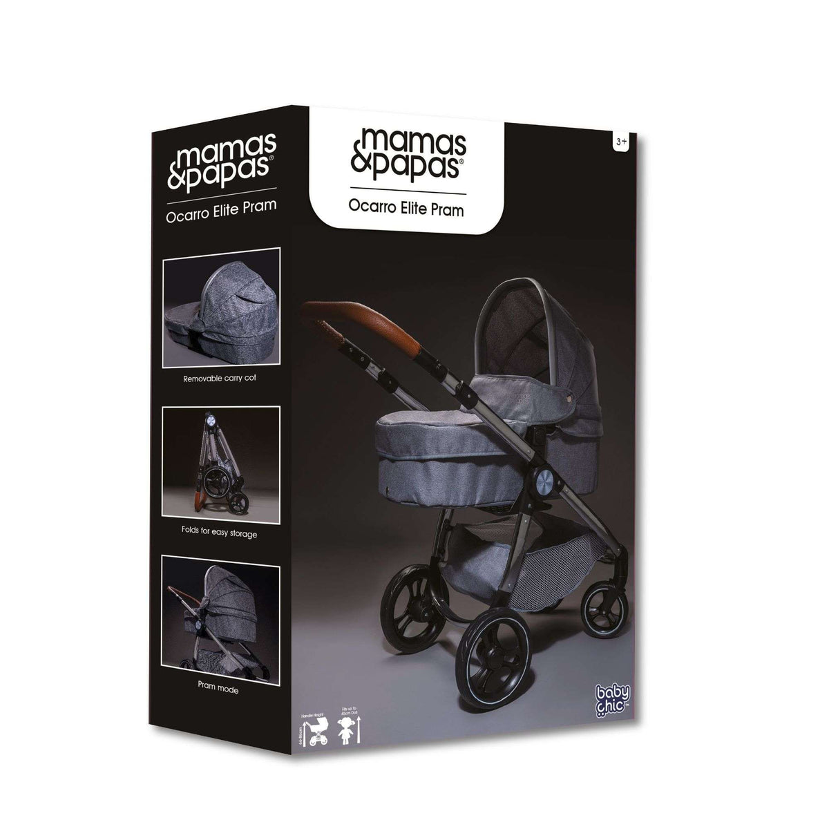 Mamas &amp; Papas Premium Occaro Pram set, a stylish dolls stroller with an adjustable hood, premium fabric, chunky chrome frame, and leather handles. Features front swivel wheels and folds flat for easy storage, mimicking the real-life version.