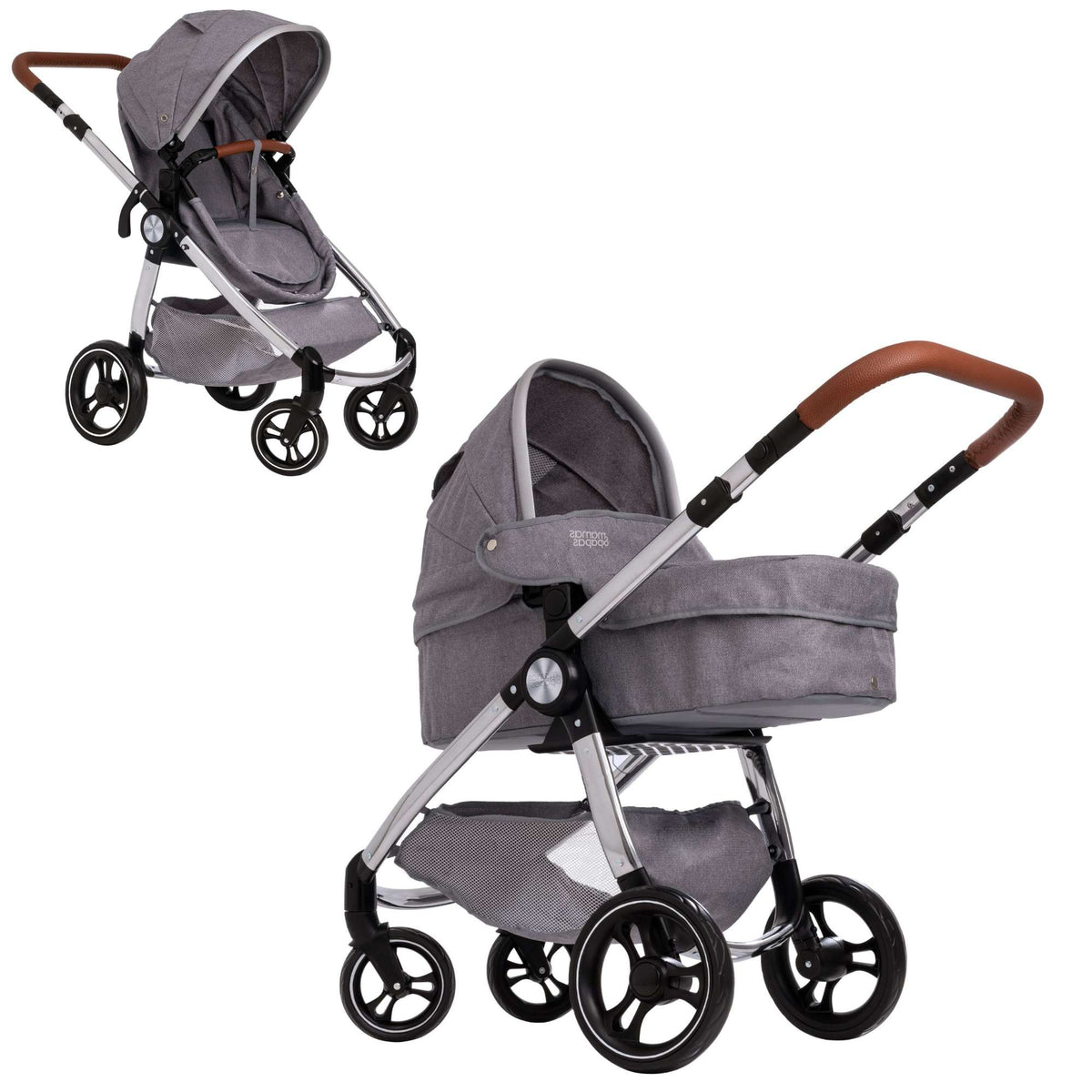 Mamas &amp; Papas Premium Occaro Pram set, a stylish dolls stroller with an adjustable hood, premium fabric, chunky chrome frame, and leather handles. Features front swivel wheels and folds flat for easy storage, mimicking the real-life version.