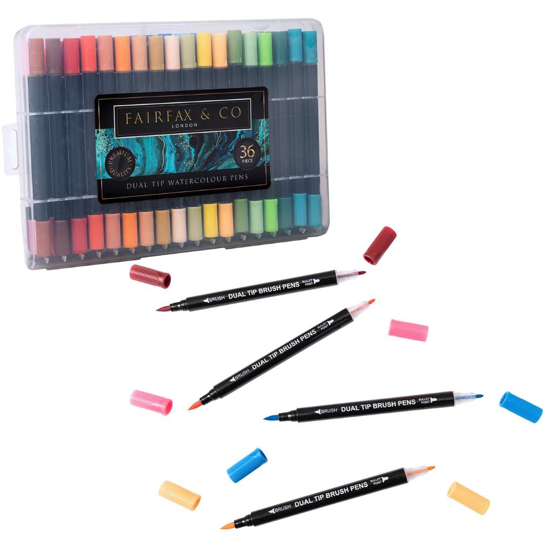 & 36 Dual Tip Watercolour Brush Pens – Art & Colouring Set
