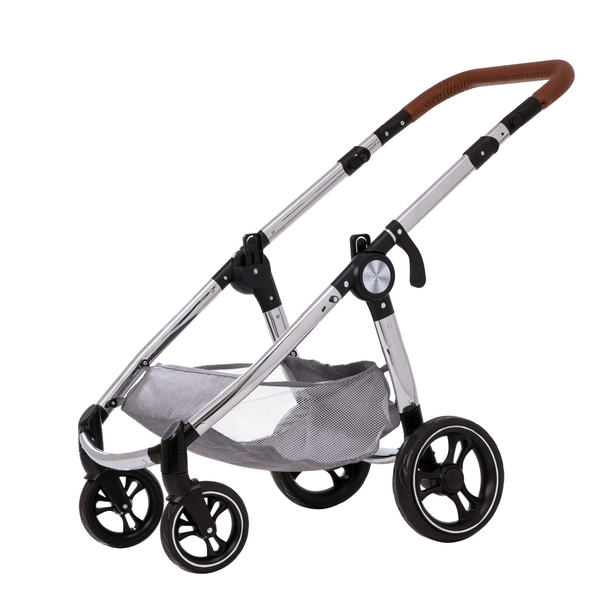 Mamas &amp; Papas Premium Occaro Pram set, a stylish dolls stroller with an adjustable hood, premium fabric, chunky chrome frame, and leather handles. Features front swivel wheels and folds flat for easy storage, mimicking the real-life version.