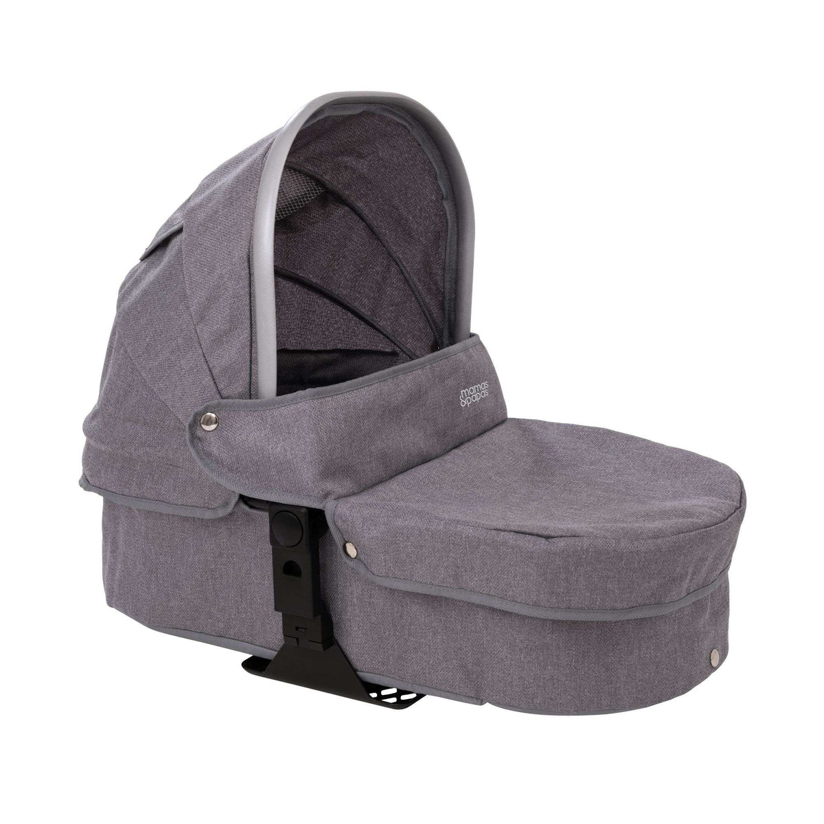 Mamas &amp; Papas Premium Occaro Pram set, a stylish dolls stroller with an adjustable hood, premium fabric, chunky chrome frame, and leather handles. Features front swivel wheels and folds flat for easy storage, mimicking the real-life version.